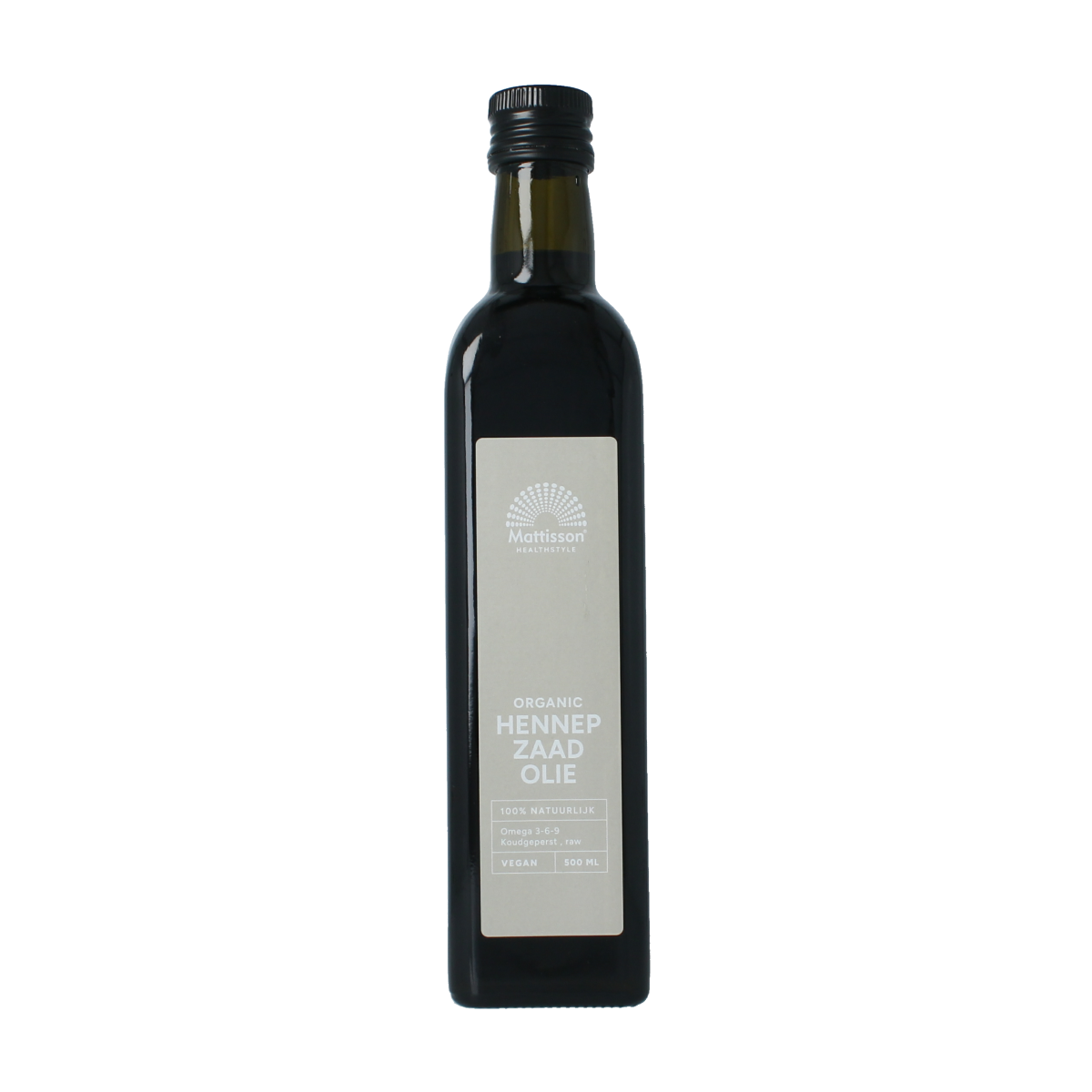 Raw cold-pressed organic hemp seed oil by Mattisson in a 500ml bottle, showing the clear golden oil inside a glass container.