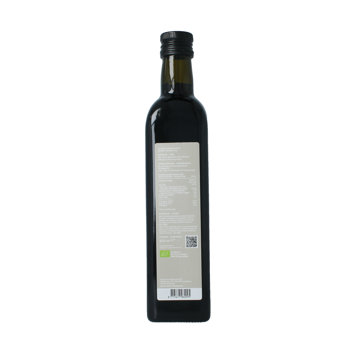 Raw cold-pressed organic hemp seed oil by Mattisson in a 500ml bottle, showing the oil's golden color and product label.