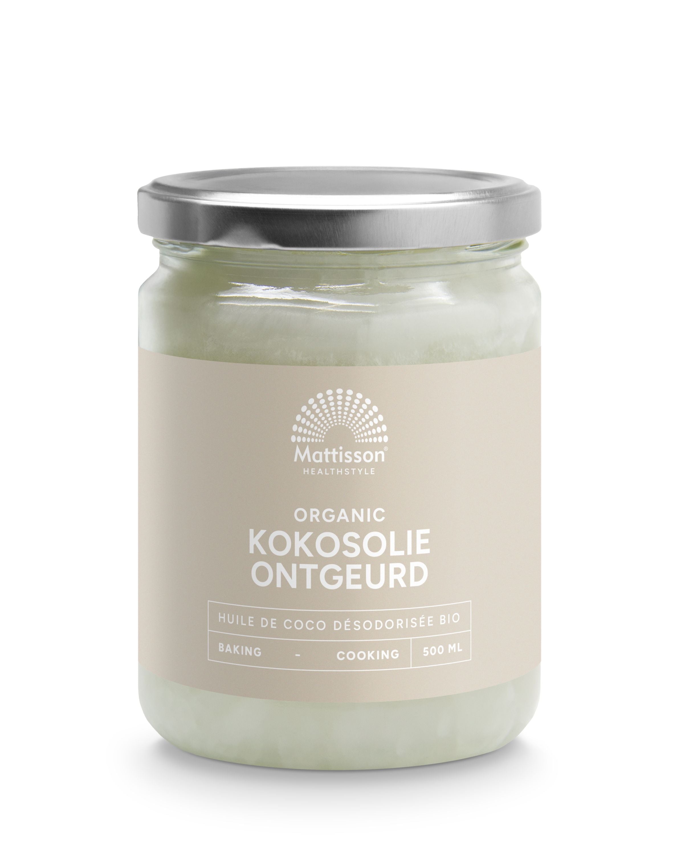 Unlabeled bio coconut oil by Mattisson in a 500ml bottle, suitable for cooking and skincare, with a clear transparent container.