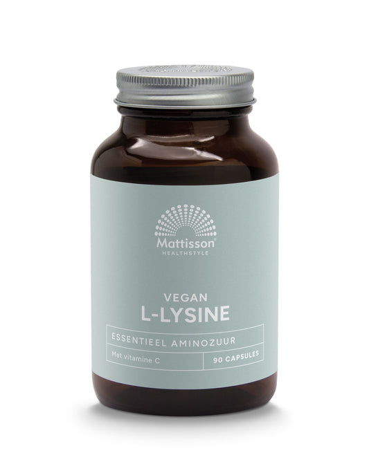 Vegetarian capsules of Mattisson L-Lysine with vitamin C, amino acids supplement in a clear bottle.