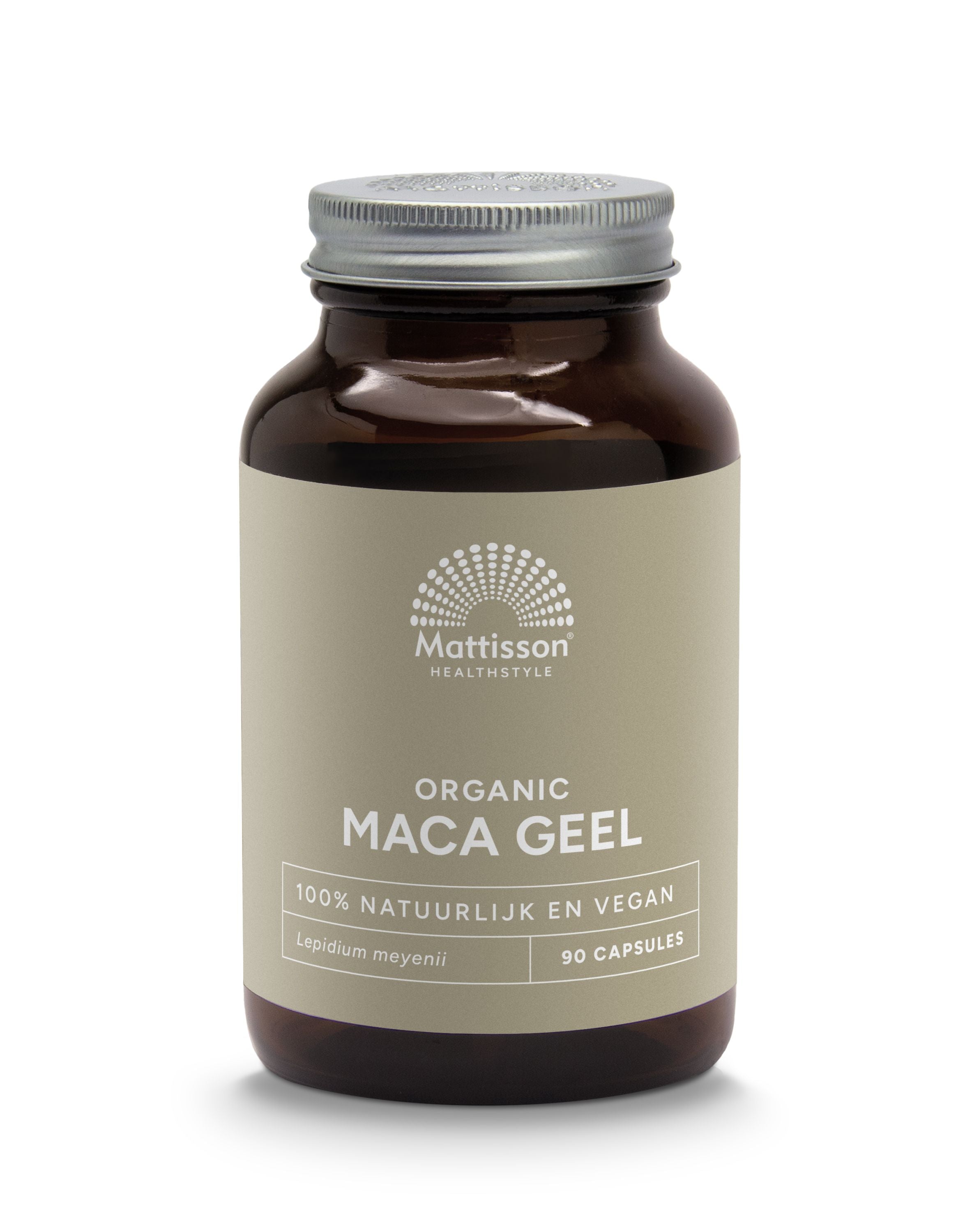 Mattisson Organic Maca Geel vegetarian capsules in a bottle, herbal supplement for energy and vitality.