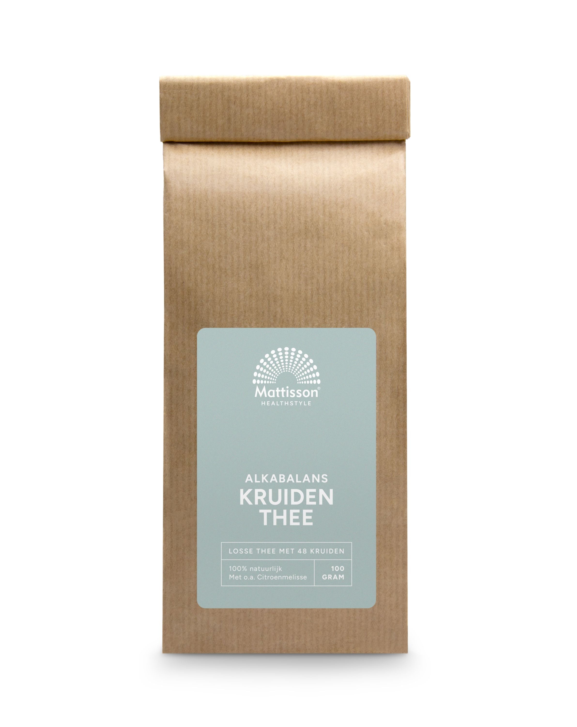Mattisson Alkabalans kruidenthee in 100g package, featuring herbal tea with balanced sour and base flavors, shown in the image.