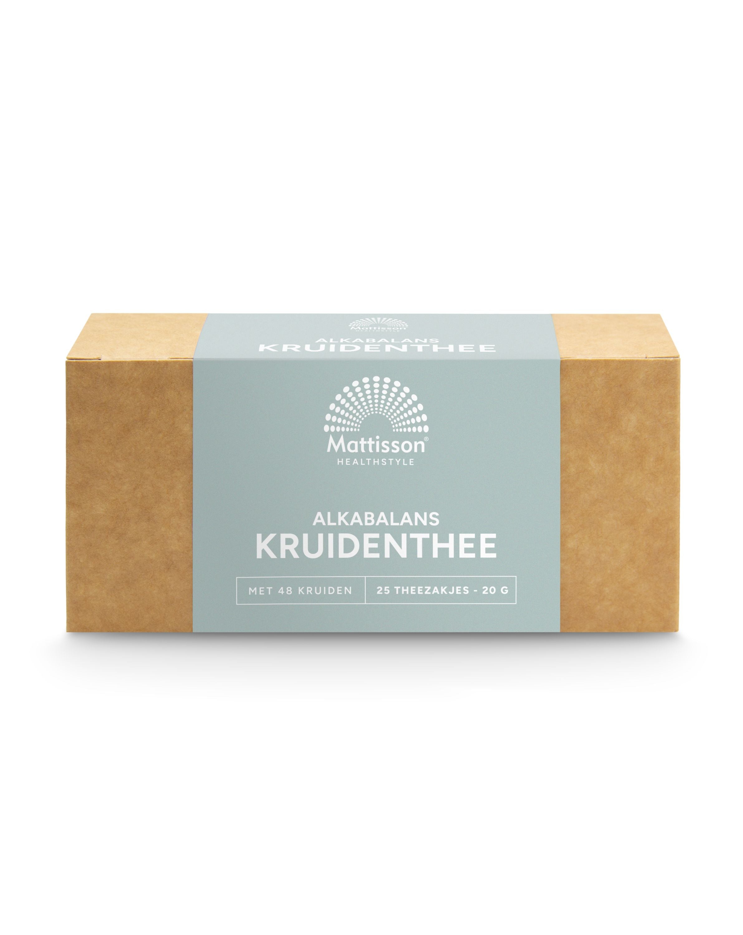 Mattisson Alkabalans kruidenthee in a box with 25 tea bags, showing herbal tea packaging and branding.