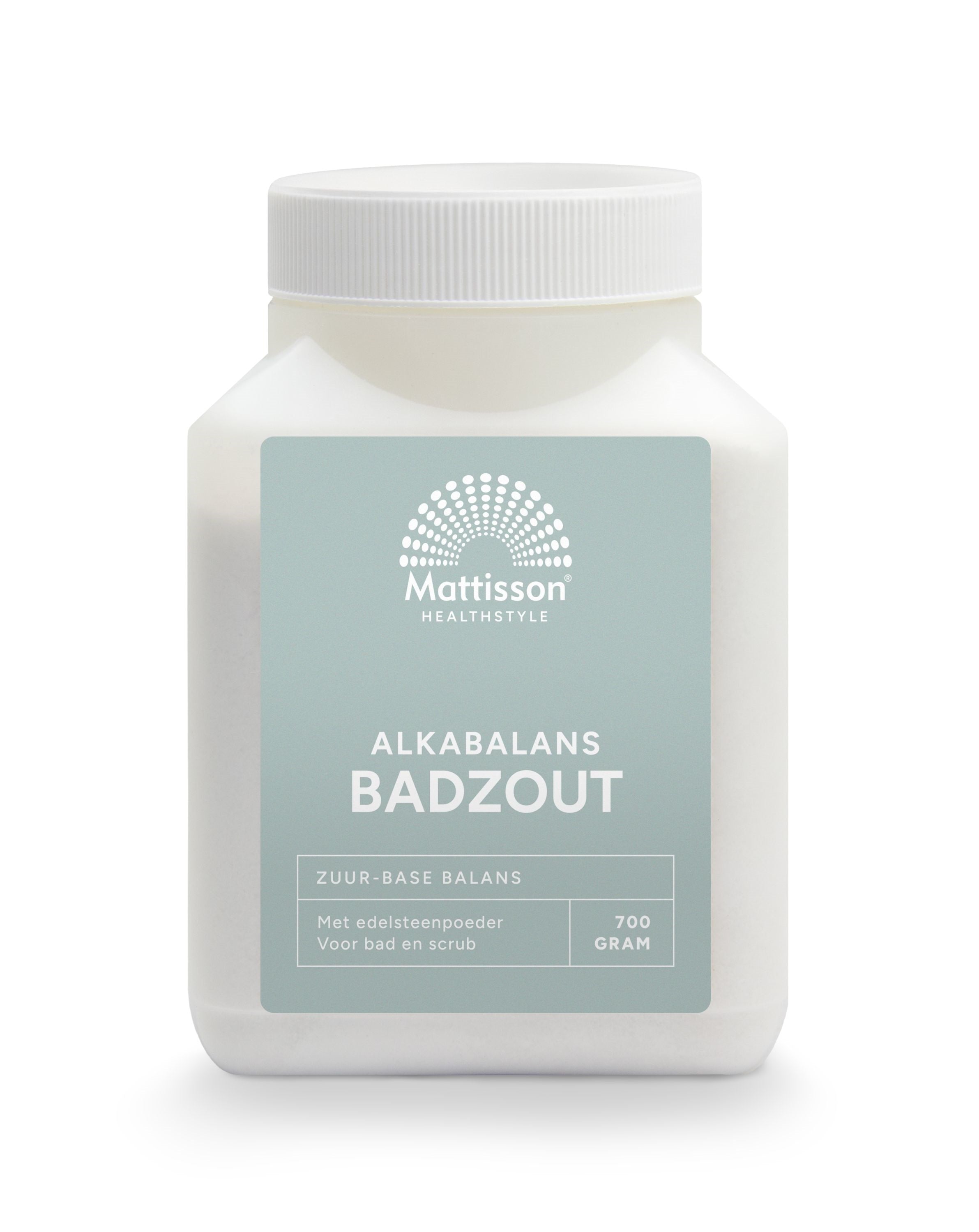 Mattisson Alkabalans pH 8.0 bad en douche badzout in 700g packaging, designed for balancing skin pH during bath and shower.