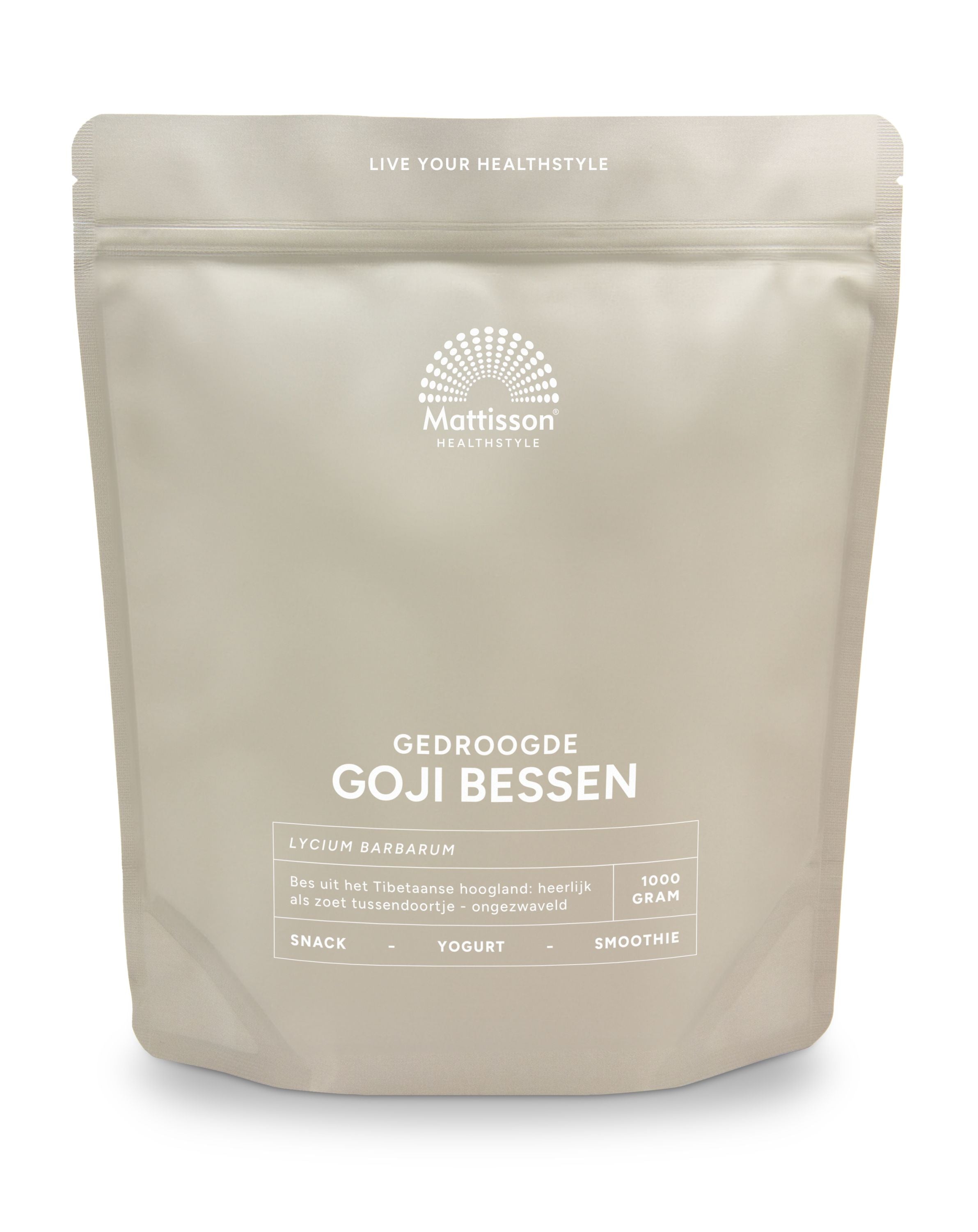 Raw superfoods Mattisson Gedroogde Goji Bessen in 1kg bag, dried red goji berries for healthy snacks and smoothies.