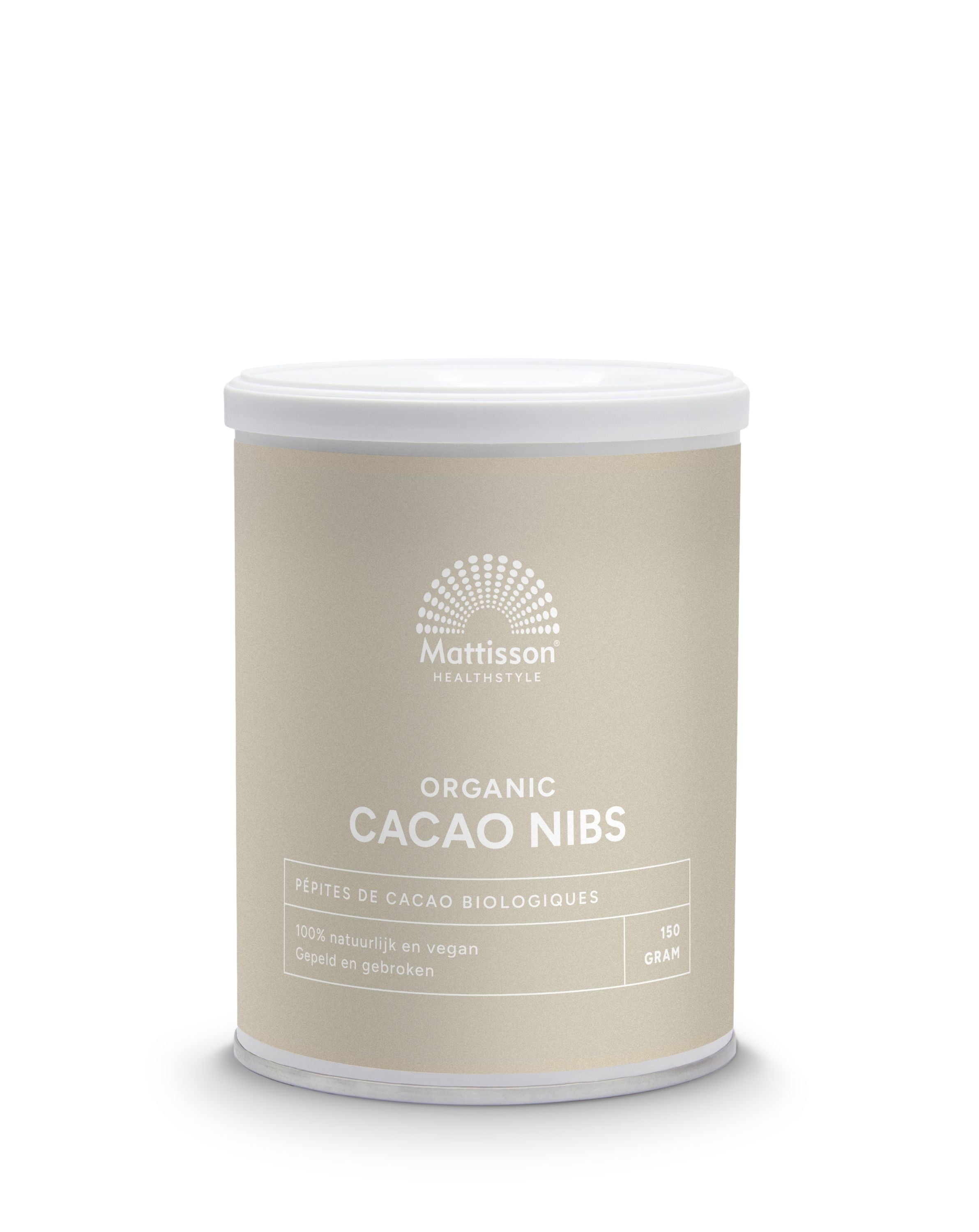 Raw Mattisson cacao nibs bio, 150g package, natural superfood with crunchy cacao pieces for healthy snacking or baking.