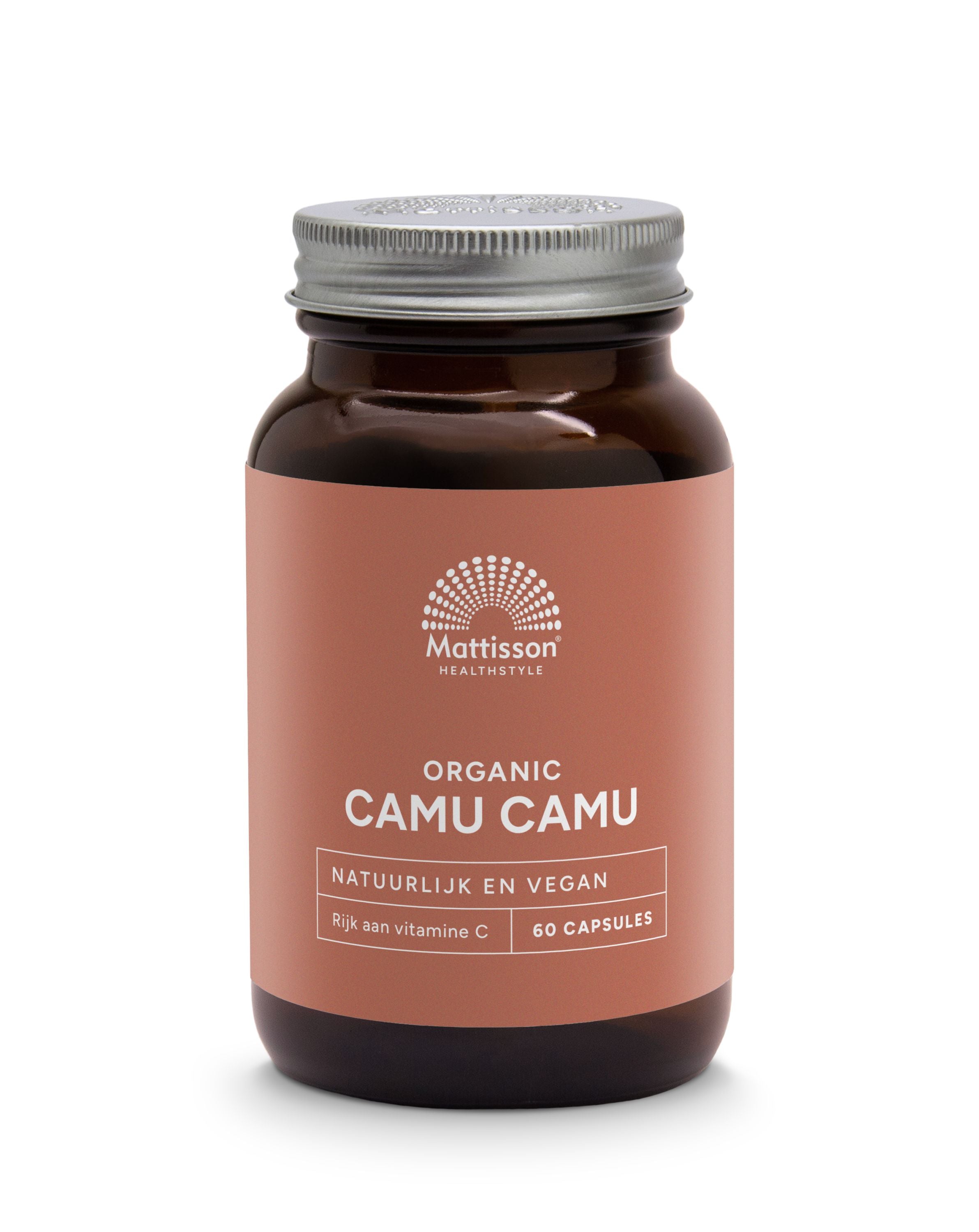 Mattisson Camu Camu 500mg bio vegetarian capsules, herbal supplement in a clear bottle with capsules inside.
