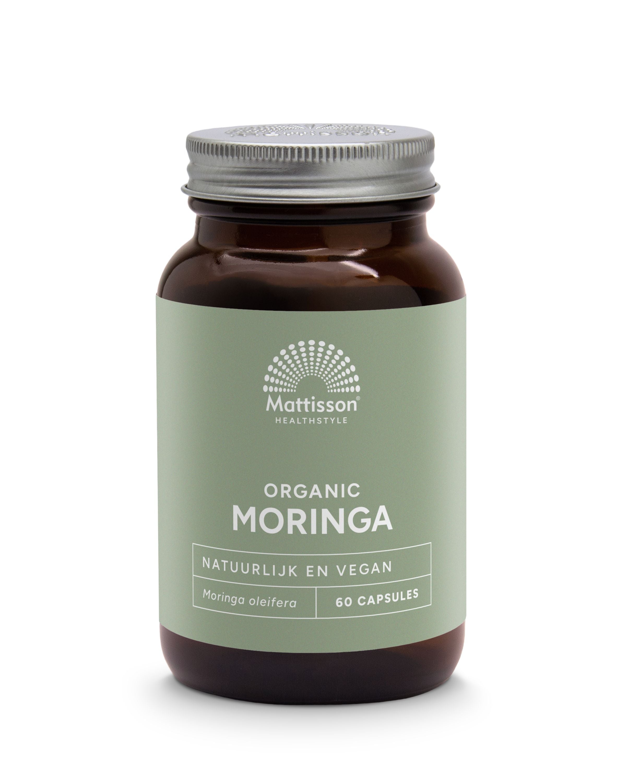 Mattisson Moringa 400mg bio vegetarian capsules, herbal supplement in a bottle with 60 capsules, natural plant-based product.