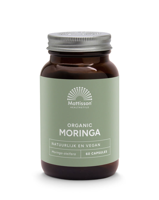 Mattisson Moringa 400mg bio vegetarian capsules, herbal supplement in a bottle with 60 capsules, natural plant-based product.