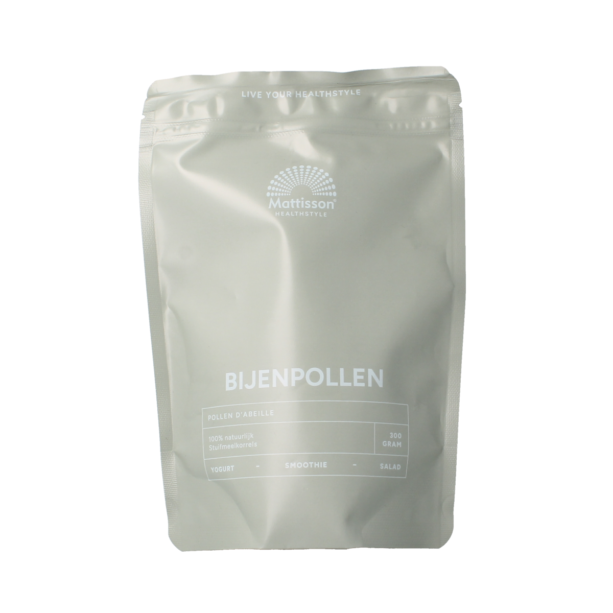 Raw bee pollen granules from Mattisson superfoods, 300g, showing small yellow pollen clusters in a clear container.