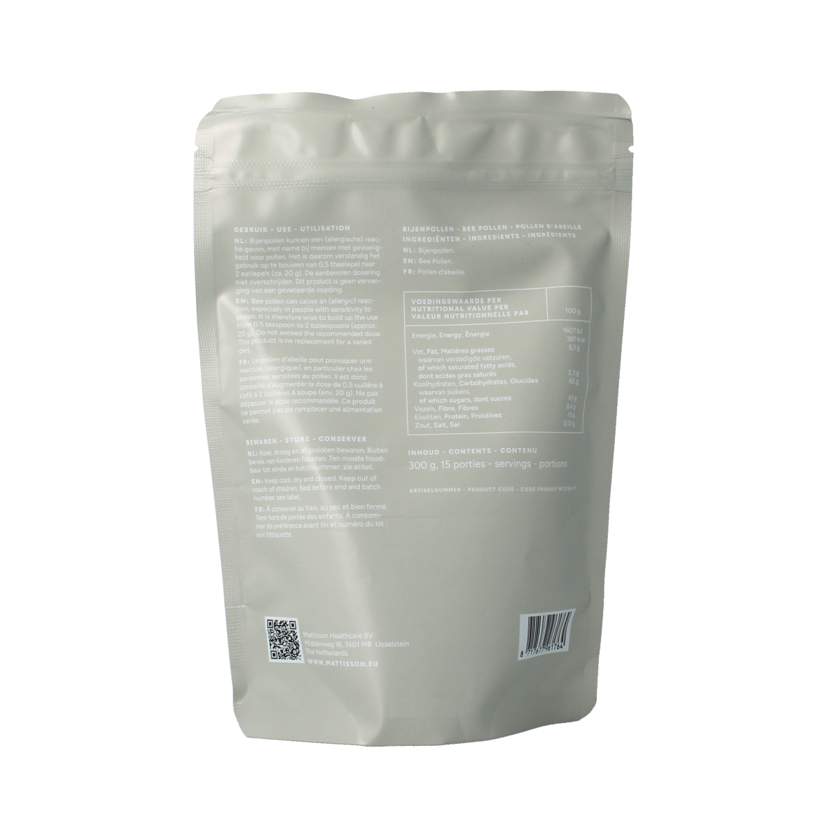 Raw bee pollen granules in a 300g package by Mattisson, a natural superfood rich in nutrients and antioxidants.