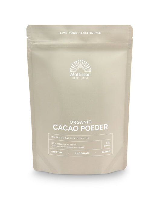 Organic Mattisson cacao powder in a 300g package, raw superfood product with a natural, rich cocoa appearance.
