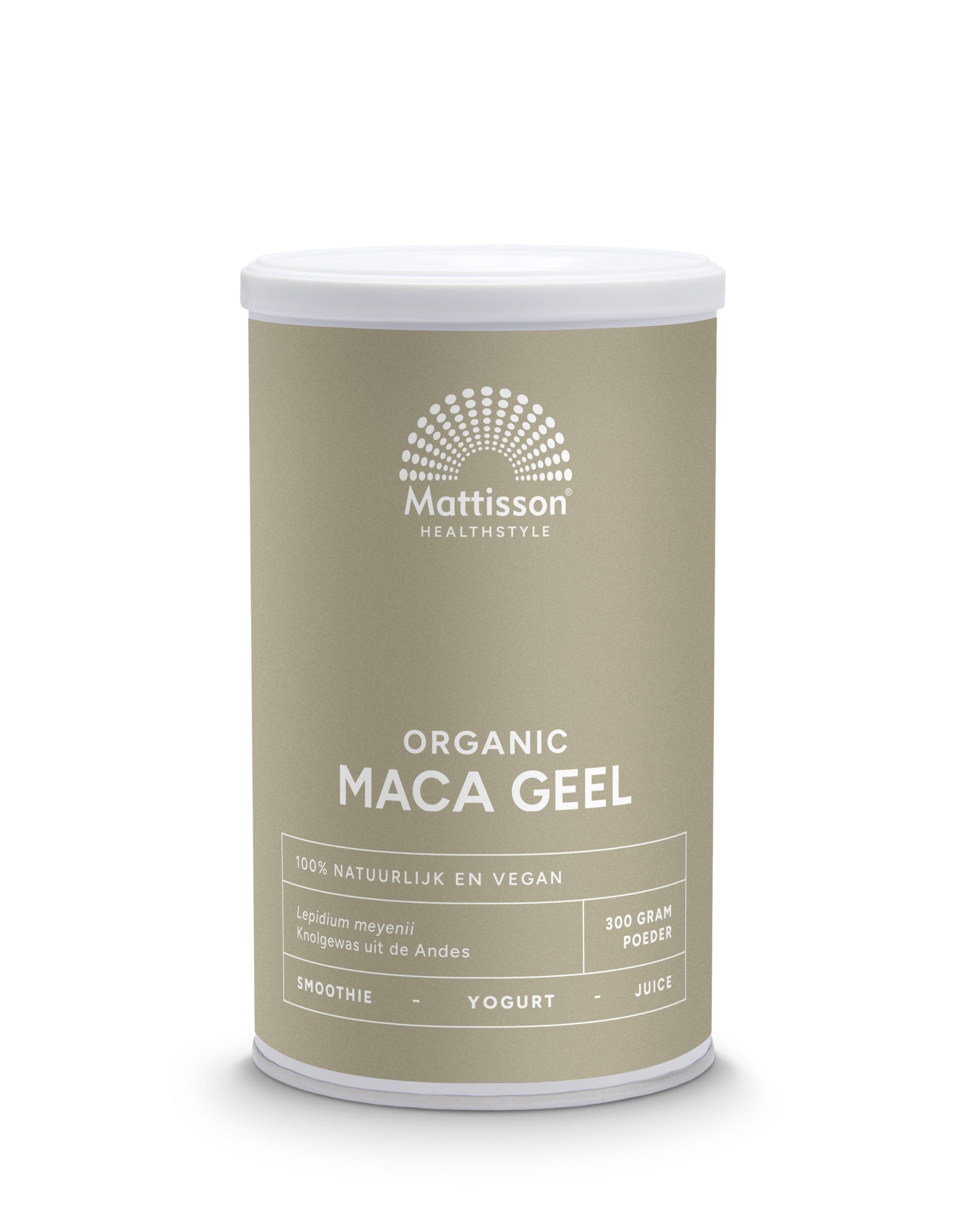 Organic Mattisson Maca powder in a 300g package, showing a close-up of the brown powder in a clear container.