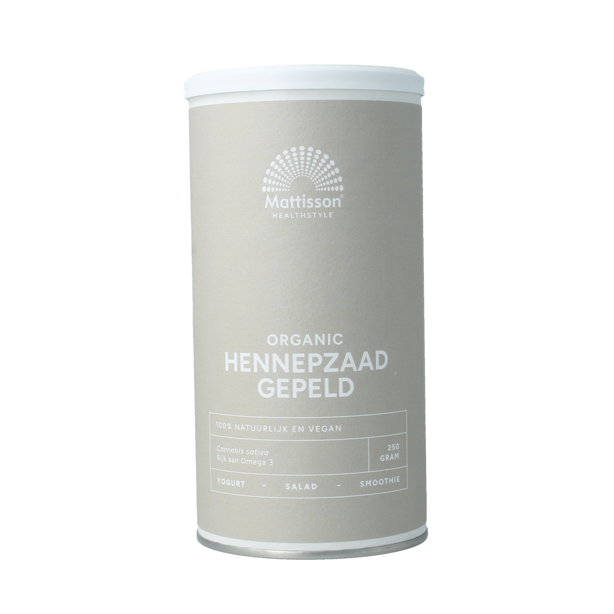 Organic hulled hemp seeds from Mattisson, 250g, shown in a clear container, highlighting their natural, nutty appearance.
