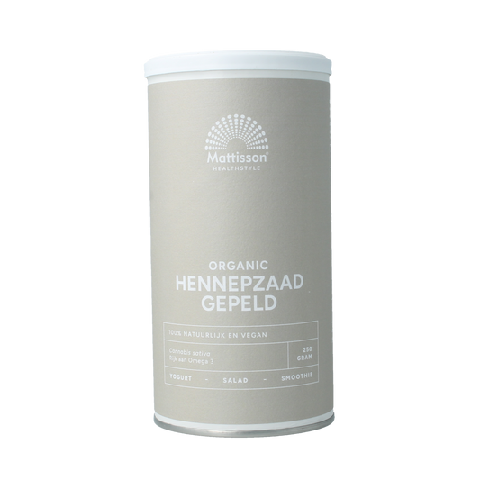 Organic hulled hemp seeds from Mattisson, 250g, shown in a clear container, highlighting their natural, nutty appearance.
