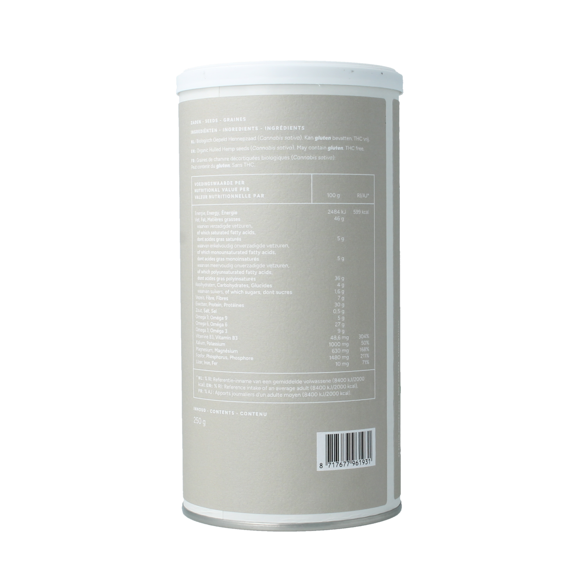 Organic hulled hemp seeds in a 250g package by Mattisson, displayed in a clear container with hemp seeds visible inside.