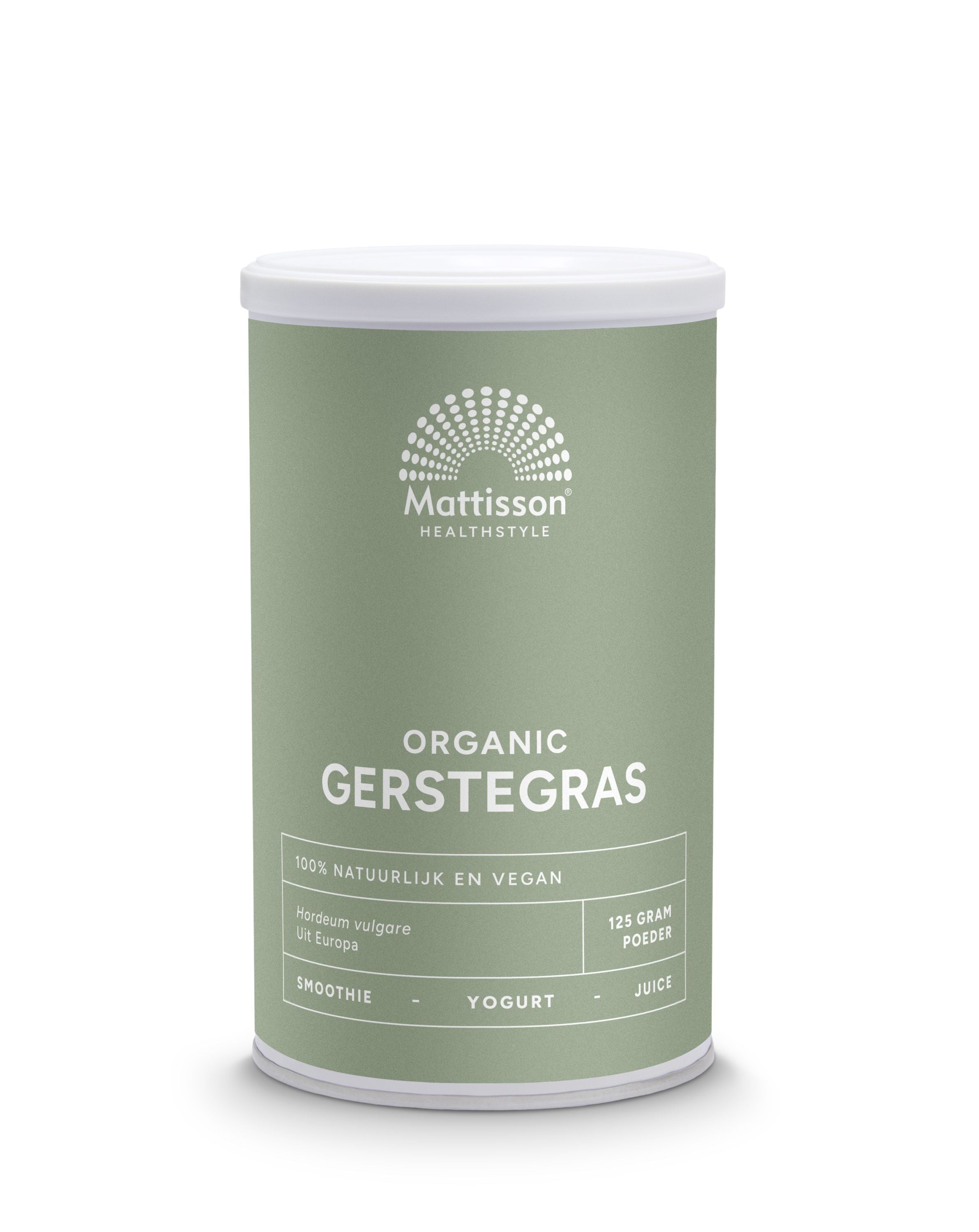 Mattisson Gerstegras barley grass in a 125g package, organic Europe bio herbal supplement, with fresh green barley grass leaves visible.