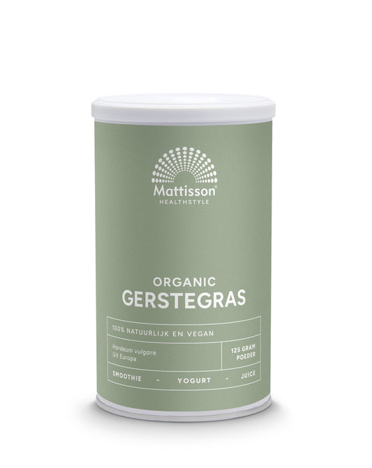 Mattisson Gerstegras barley grass in a 125g package, organic Europe bio herbal supplement, with fresh green barley grass leaves visible.