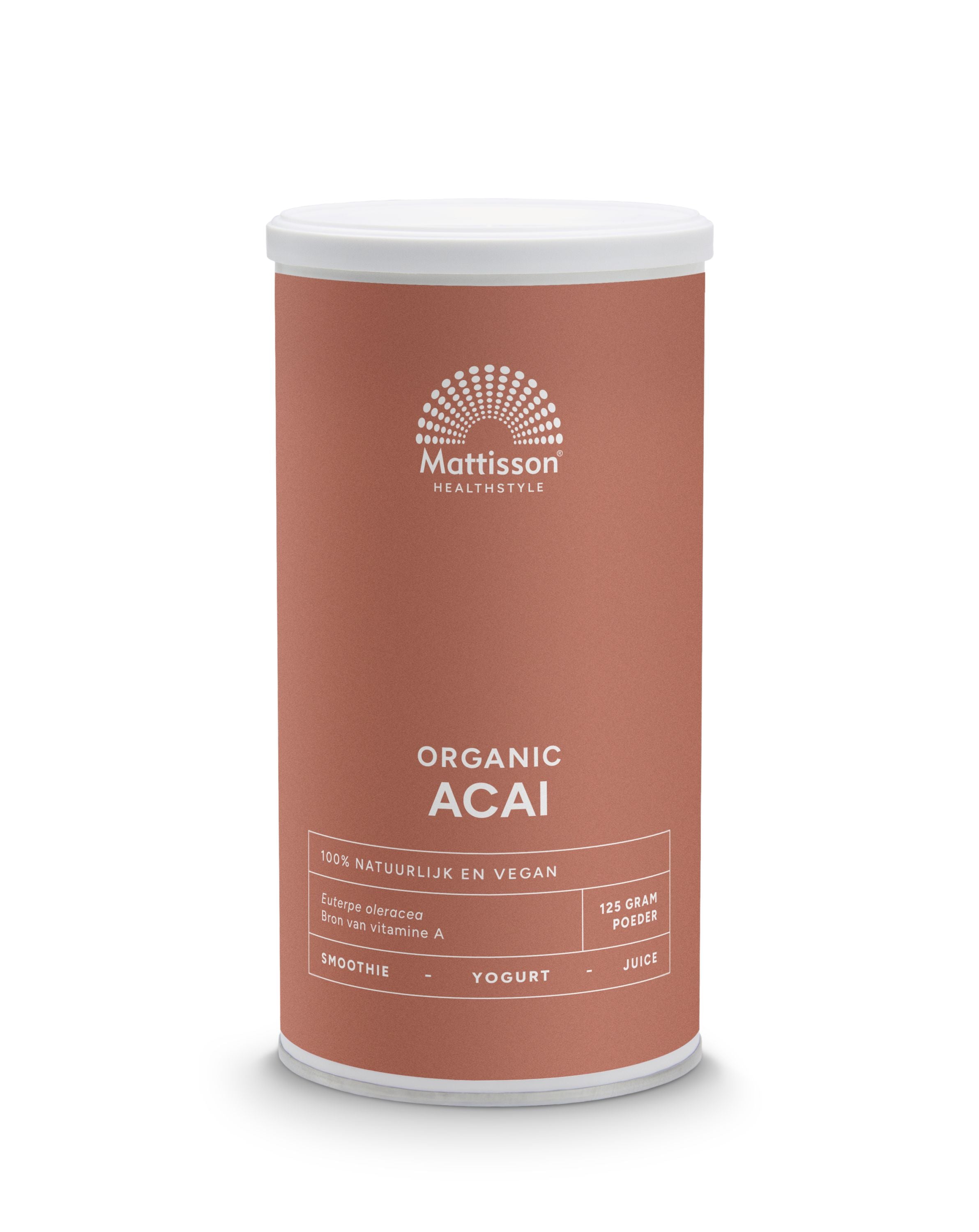 Organic Mattisson Acai powder from Euterpe oleracea, 125g, raw superfood in a resealable bag, vibrant purple acai berries.