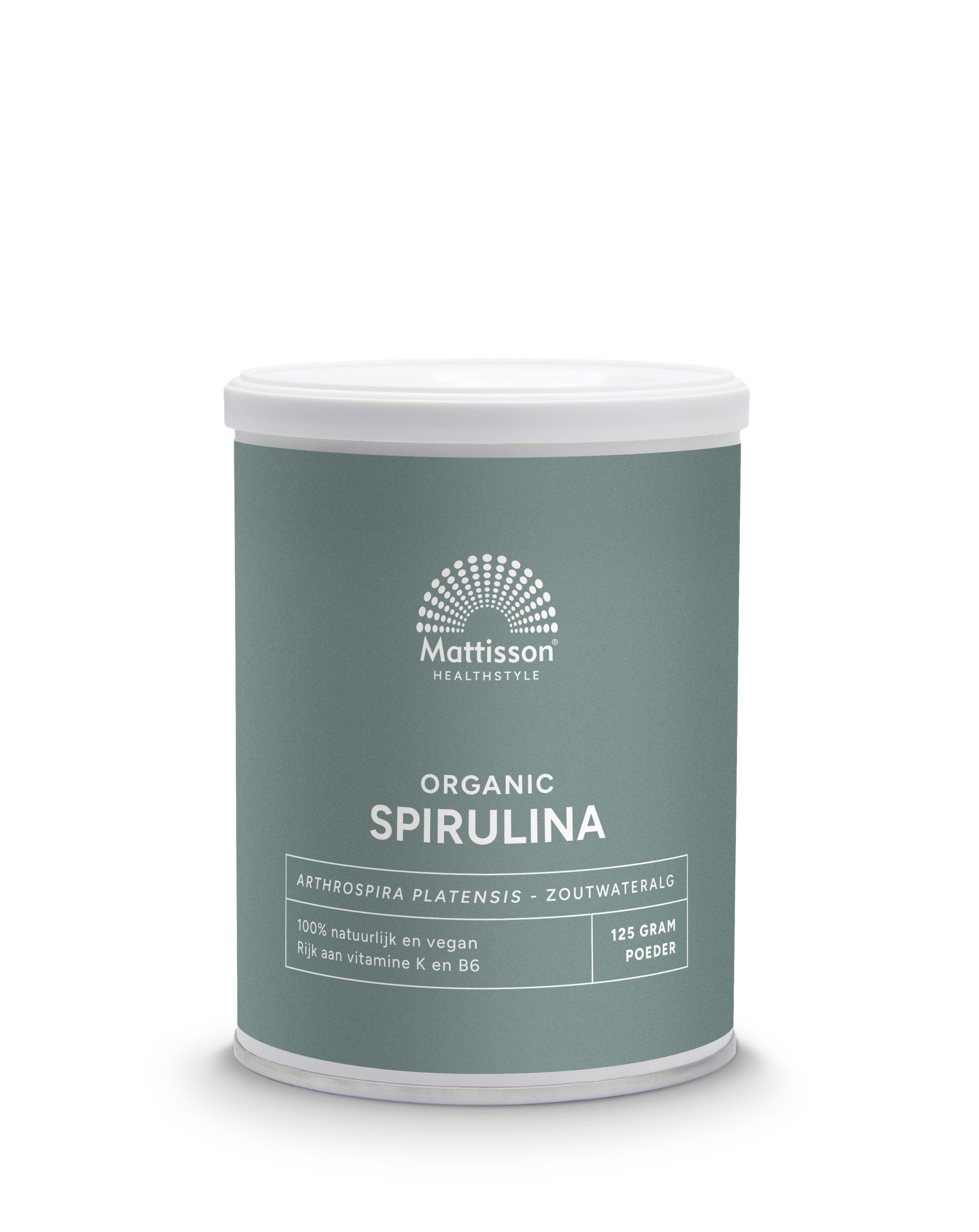 Organic Mattisson Spirulina powder in a 125g package, a herbal supplement for health and nutrition.