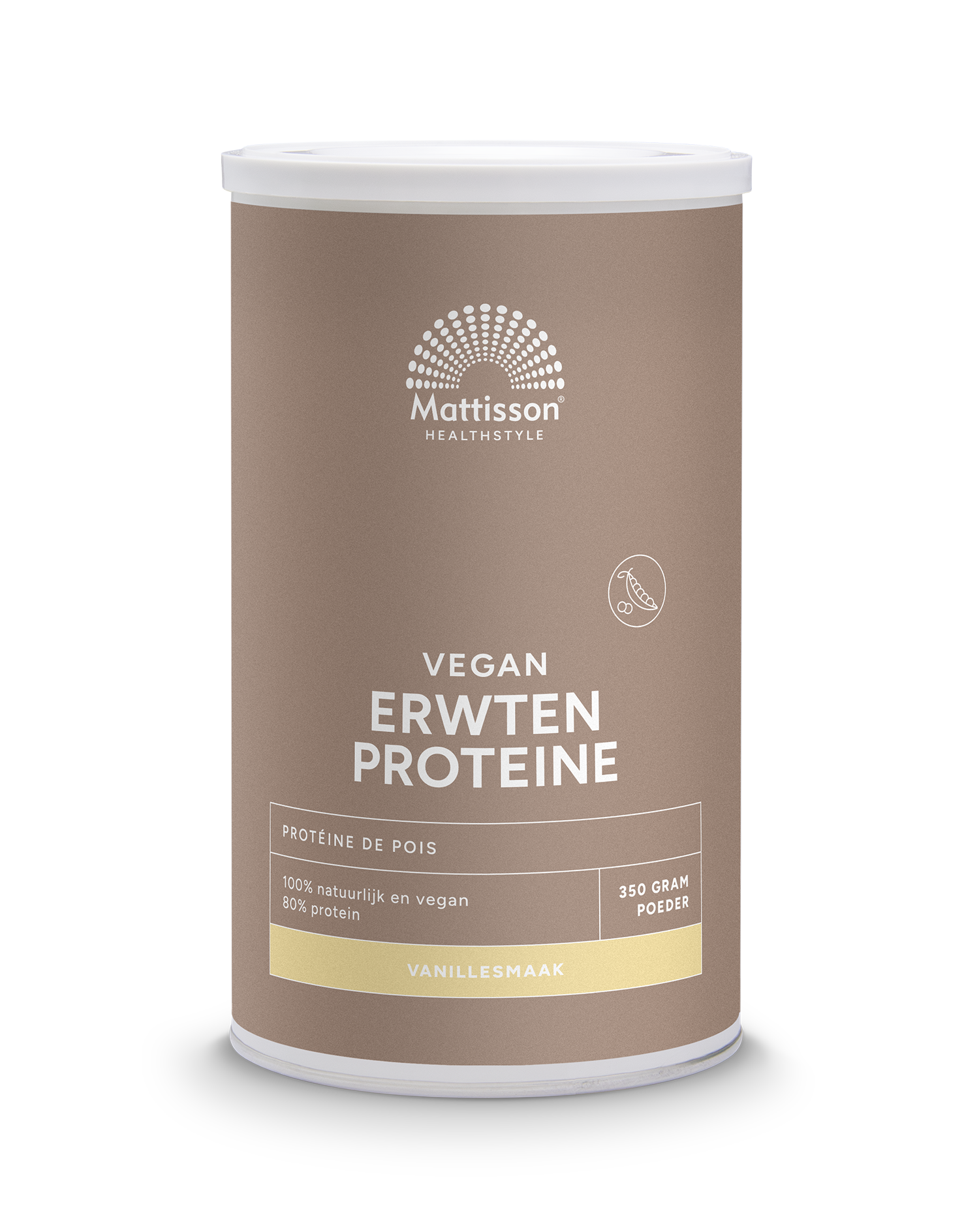 Vegan vanilla pea protein powder by Mattisson, 350 grams, featuring amino acids, in a white container with label.