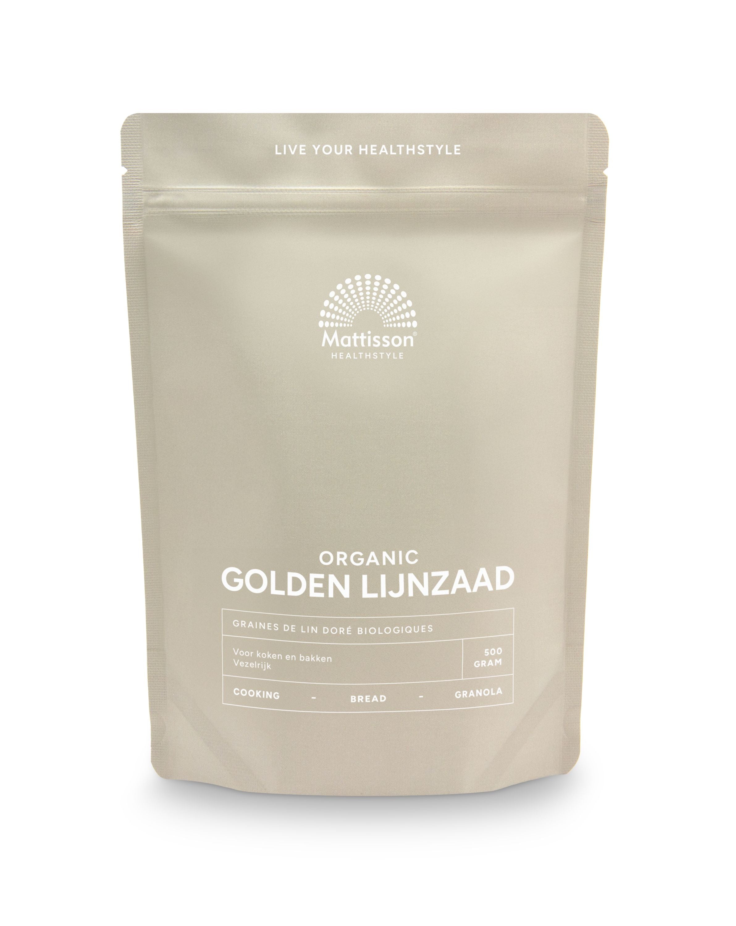 Mattisson Golden lijnzaad omega 3 bio in 500g package, showing fresh flaxseeds in a clear container for healthy fats and omega-3 benefits.