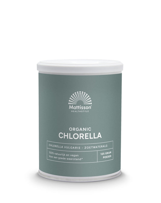 Organic Mattisson Chlorella powder in a 125g package, herbal supplement for detox and nutrition.