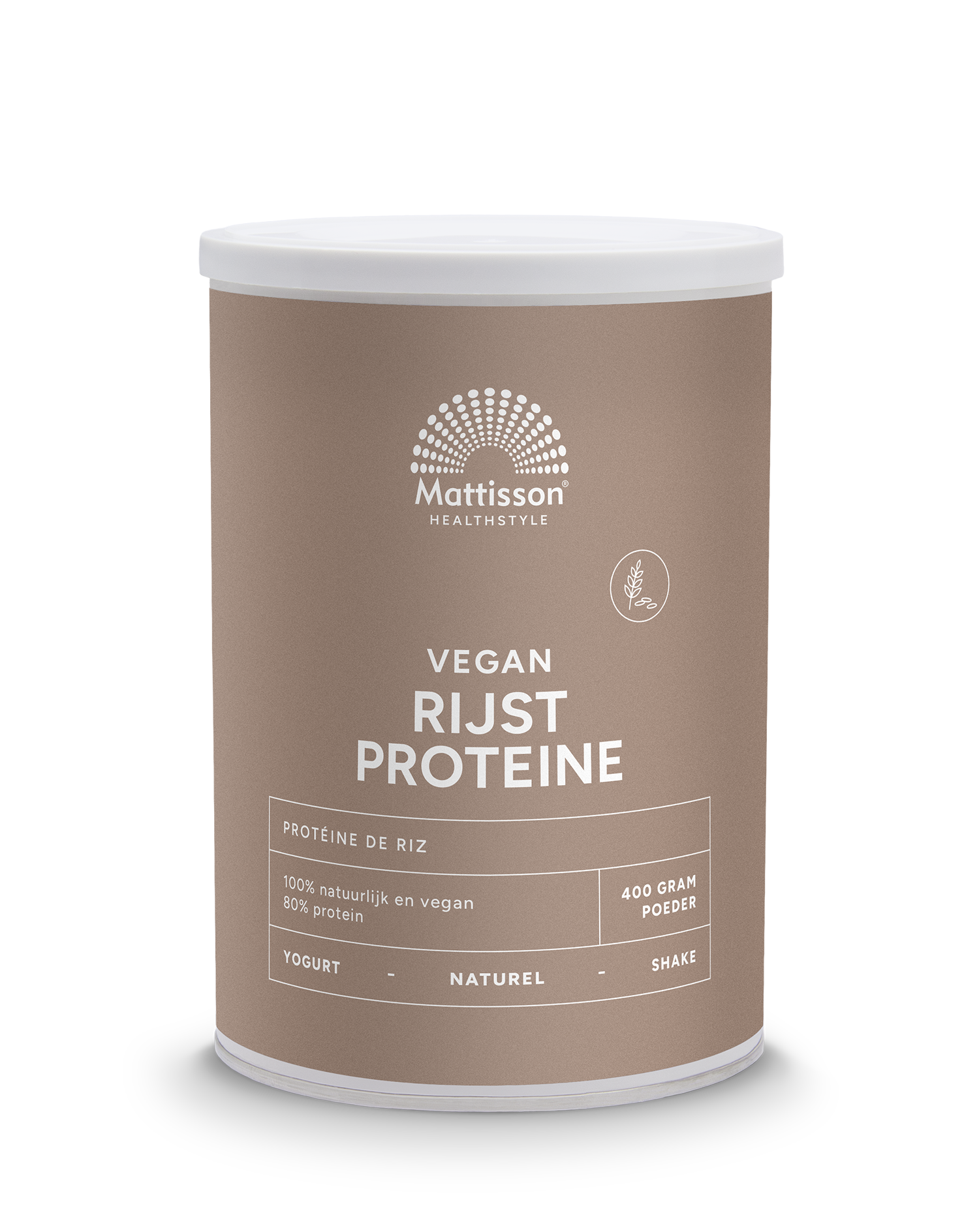 Vegan Mattisson Absolute rijst proteïne poeder in 400g verpakking, kruidenpreparaat met 80% rijstproteïne, wit en groen label