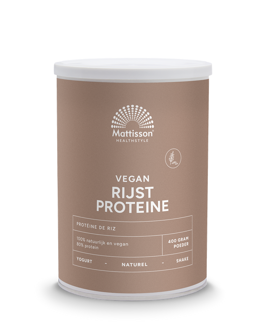 Vegan Mattisson Absolute rijst proteïne poeder in 400g verpakking, kruidenpreparaat met 80% rijstproteïne, wit en groen label