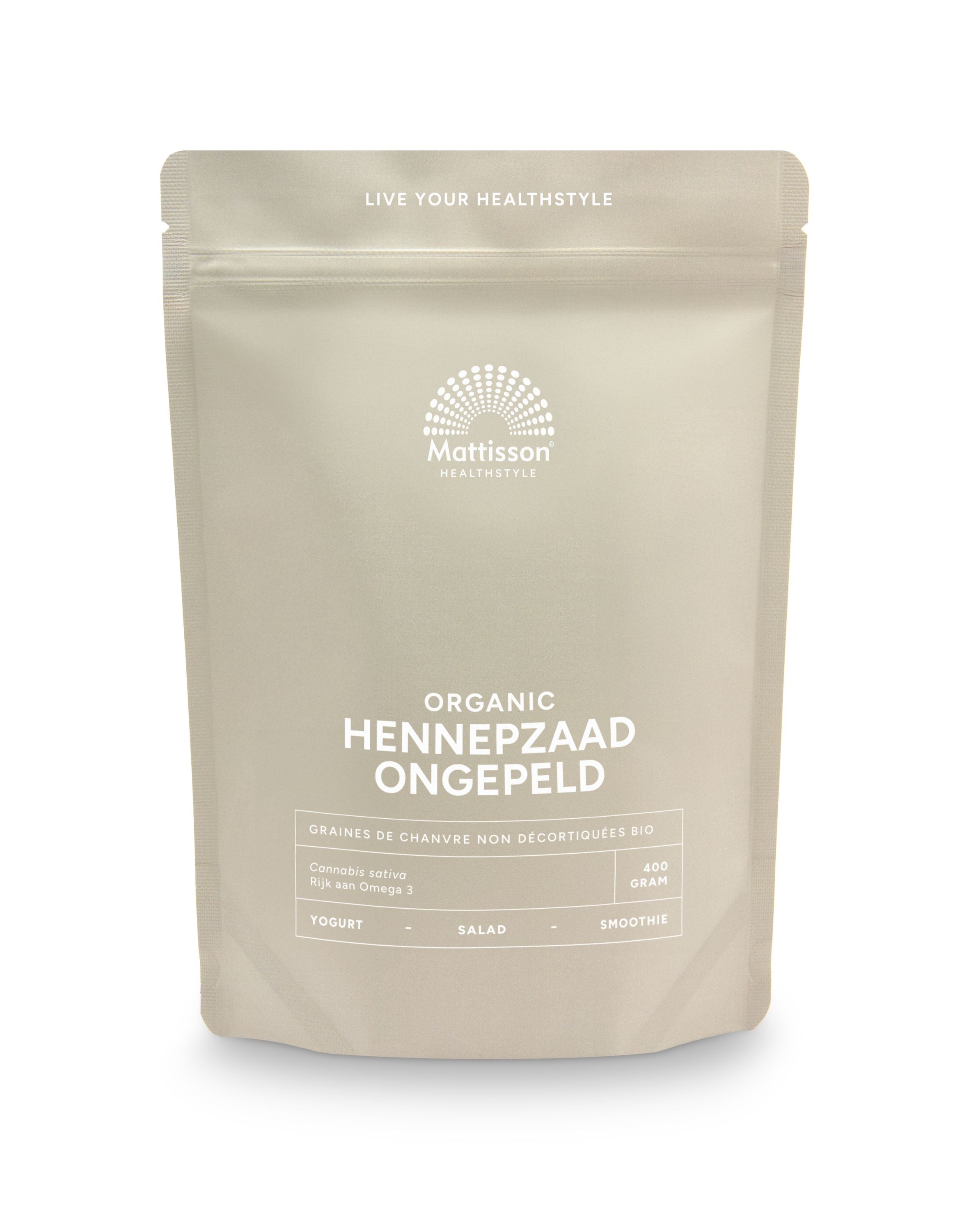 Organic hulled hemp seeds from Mattisson in a 400g package, ideal for cooking and healthy snacks.