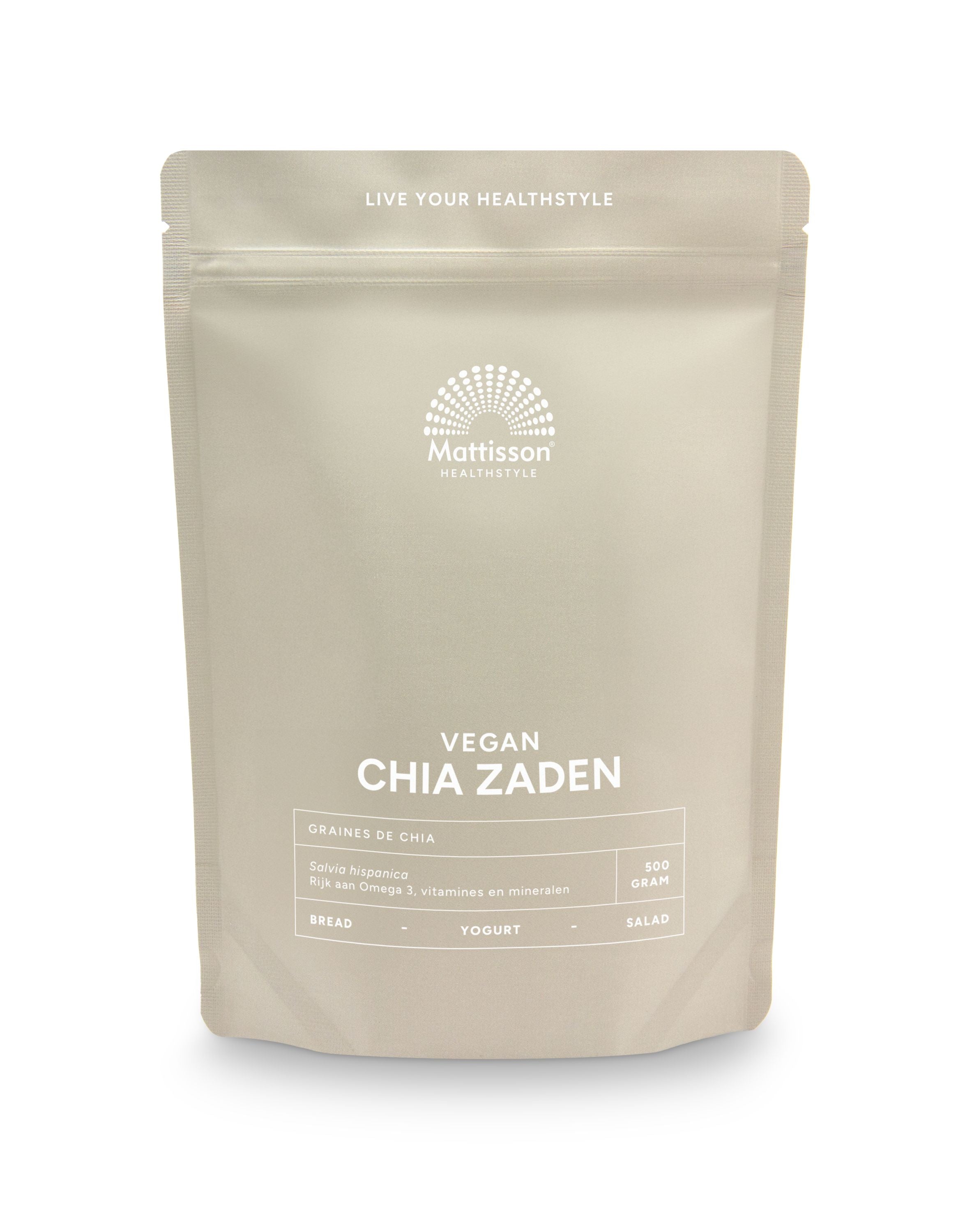 Raw Mattisson Absolute chia seeds in a 500g package, shown with the label and product packaging.