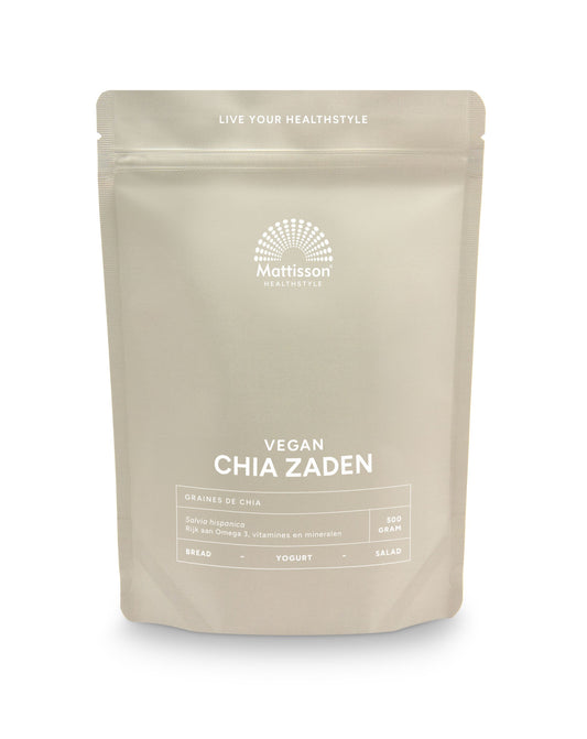 Raw Mattisson Absolute chia seeds in a 500g package, shown with the label and product packaging.