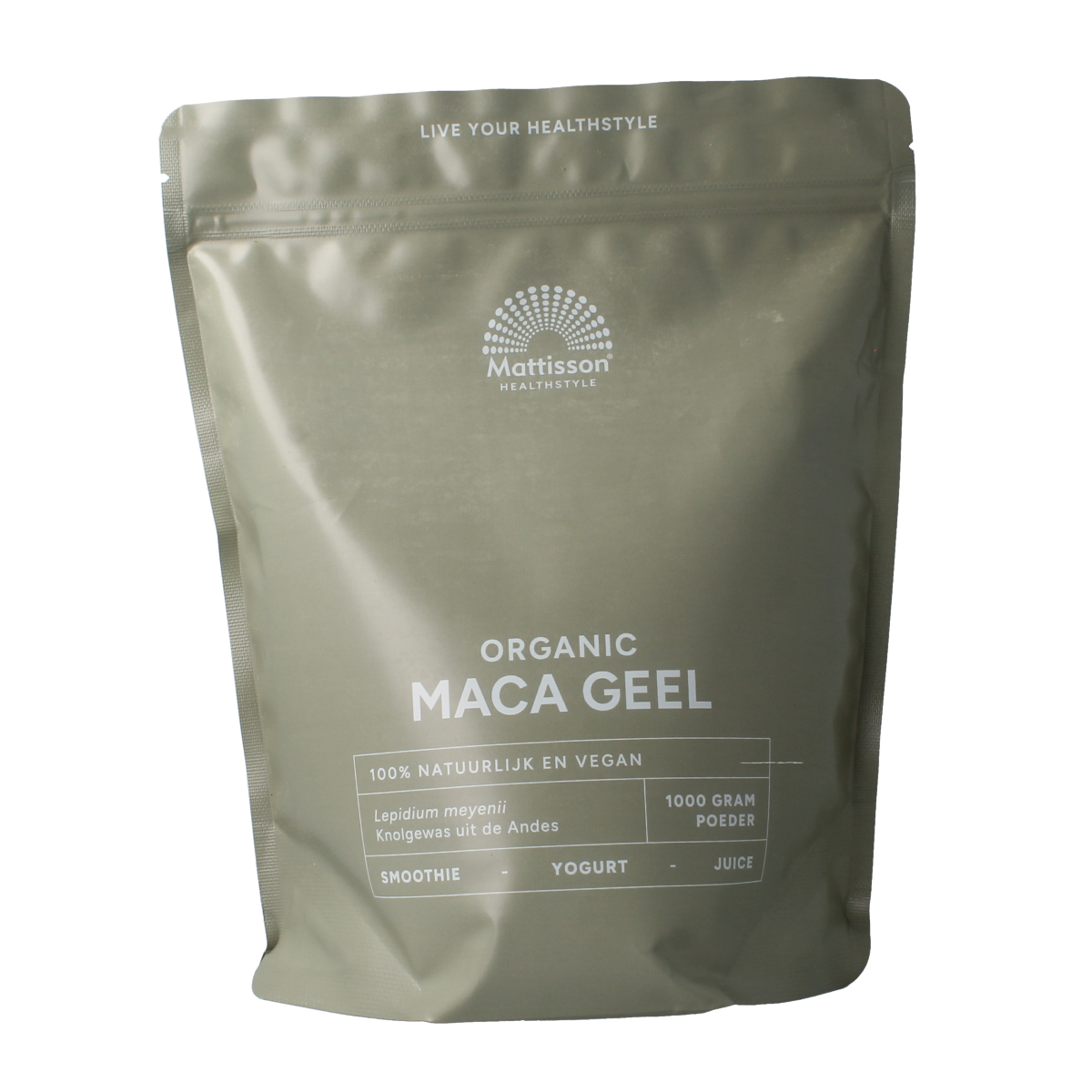 Organic Mattisson Maca powder in a 1kg package, a herbal supplement known for its nutritional and energizing properties.