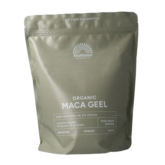 Organic Mattisson Maca powder in a 1kg package, a herbal supplement known for its nutritional and energizing properties.