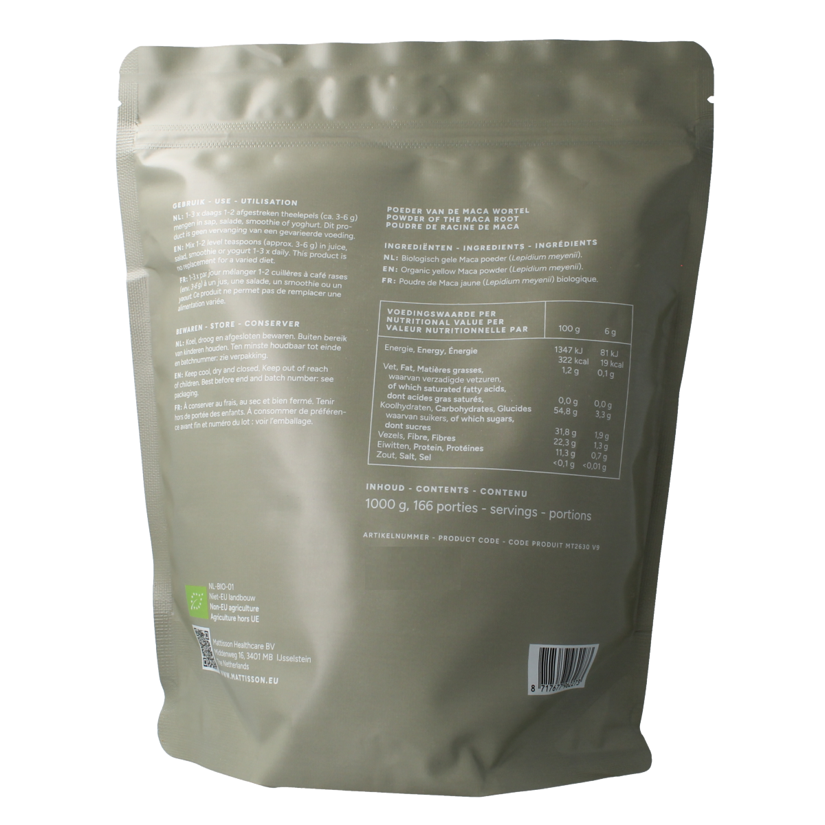 Organic Mattisson Maca powder in 1kg package, a herbal supplement with a natural brown powder appearance.