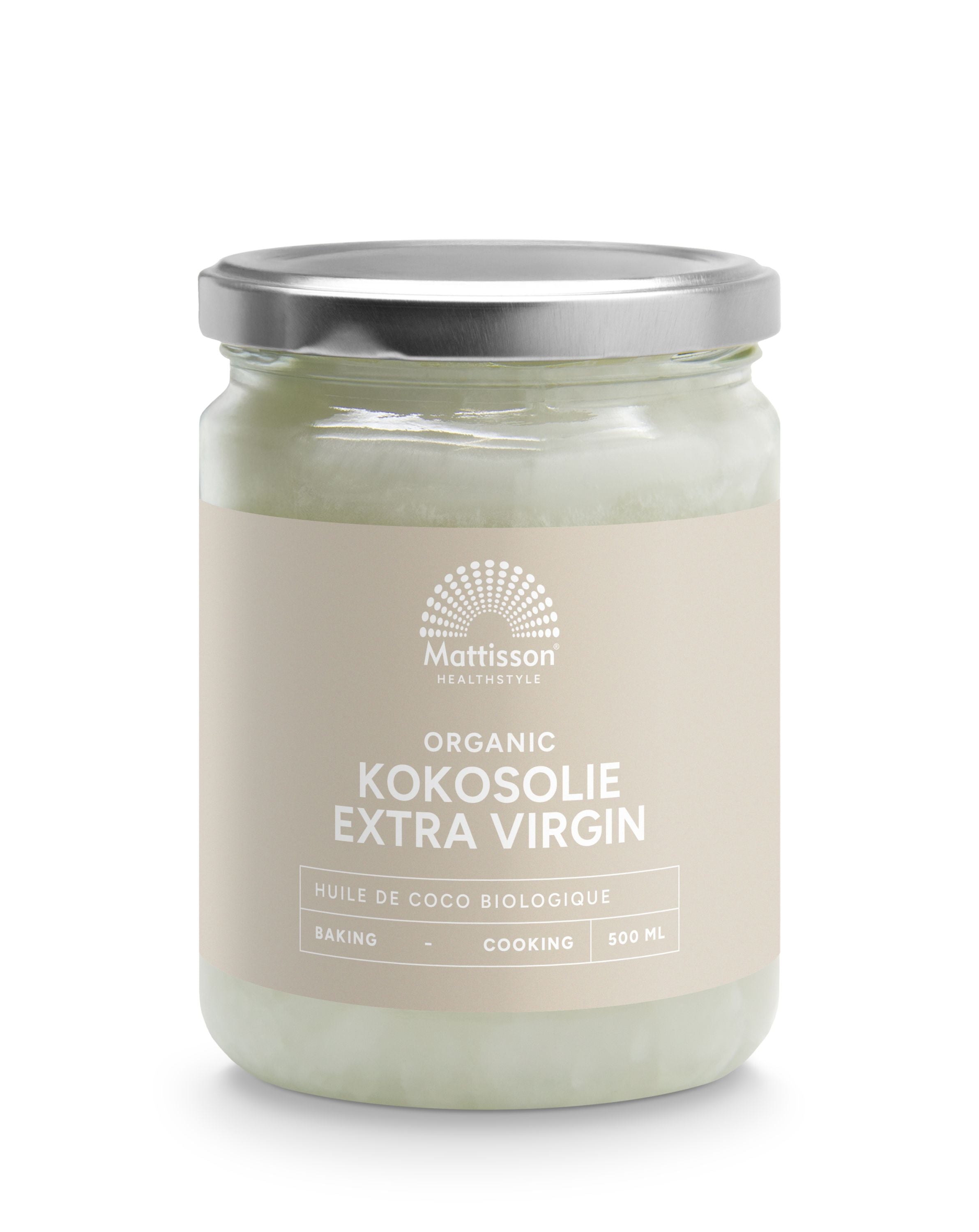 Organic Mattisson Absolute kokosolie extra virgin coconut oil in a 500ml bottle, shown in a clear container with a white background.