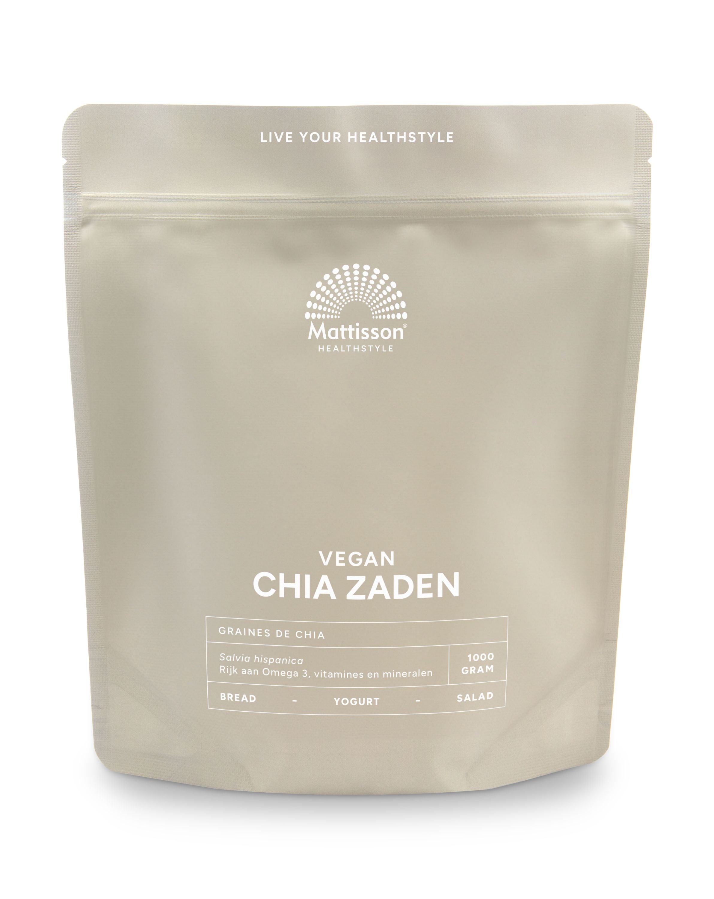 Raw Mattisson Absolute chia seeds in a 1kg package, showing small black and white seeds used as a superfood supplement.