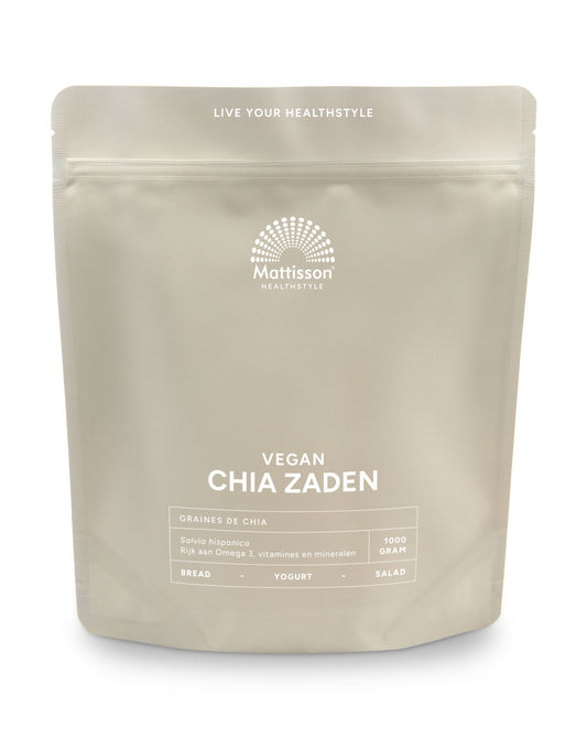 Raw Mattisson Absolute chia seeds in a 1kg package, showing small black and white seeds used as a superfood supplement.