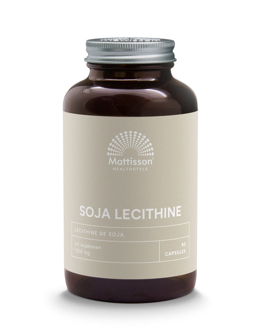 Mattisson Absolute soja lecithine 1200mg capsules, herbal supplement, showing a bottle of 90 capsules with label.