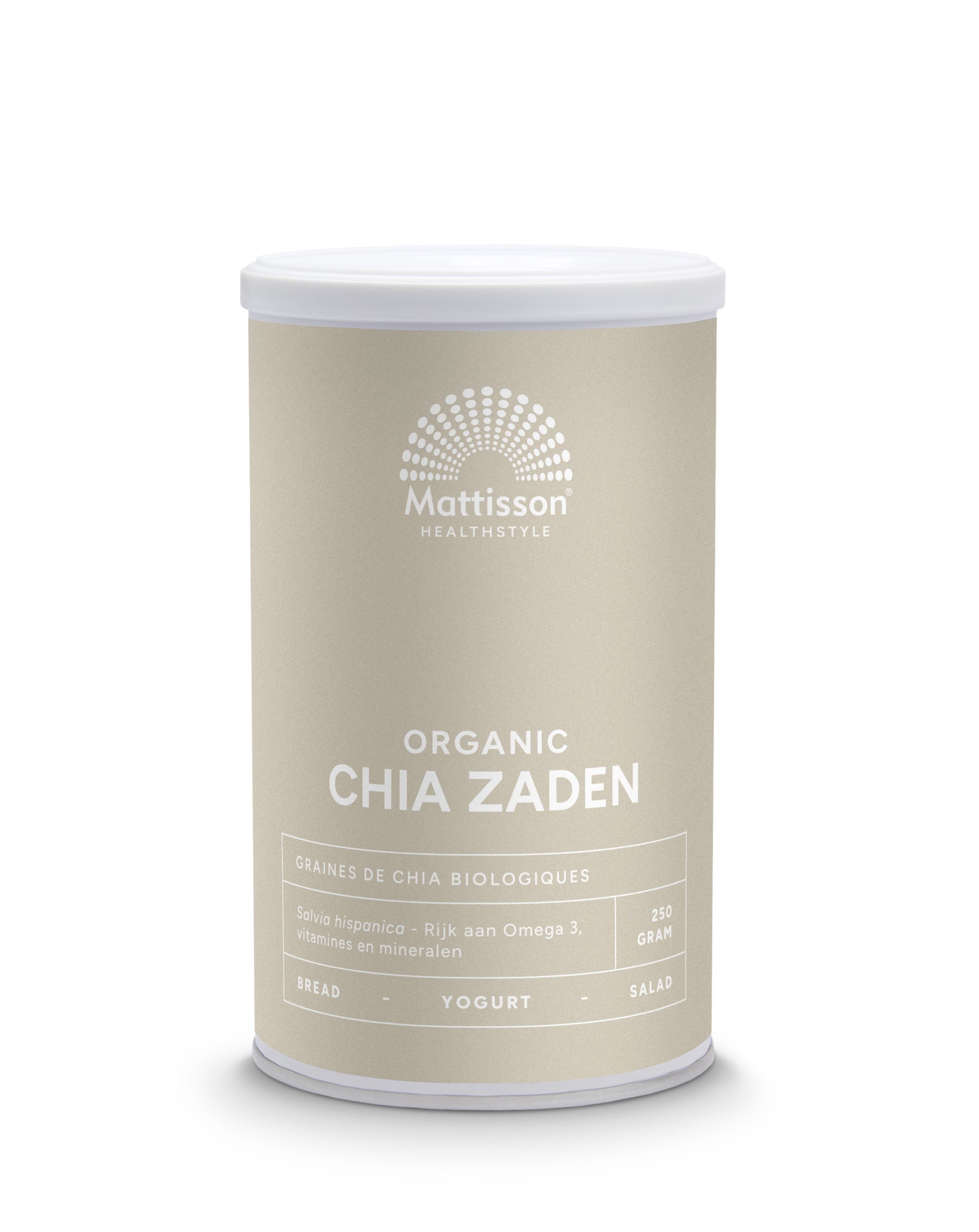 Organic Mattisson Absolute chia seeds in a 250g package, shown in a clear bag with chia seeds visible inside.
