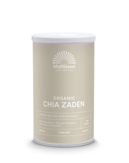 Organic Mattisson Absolute chia seeds in a 250g package, shown in a clear bag with chia seeds visible inside.