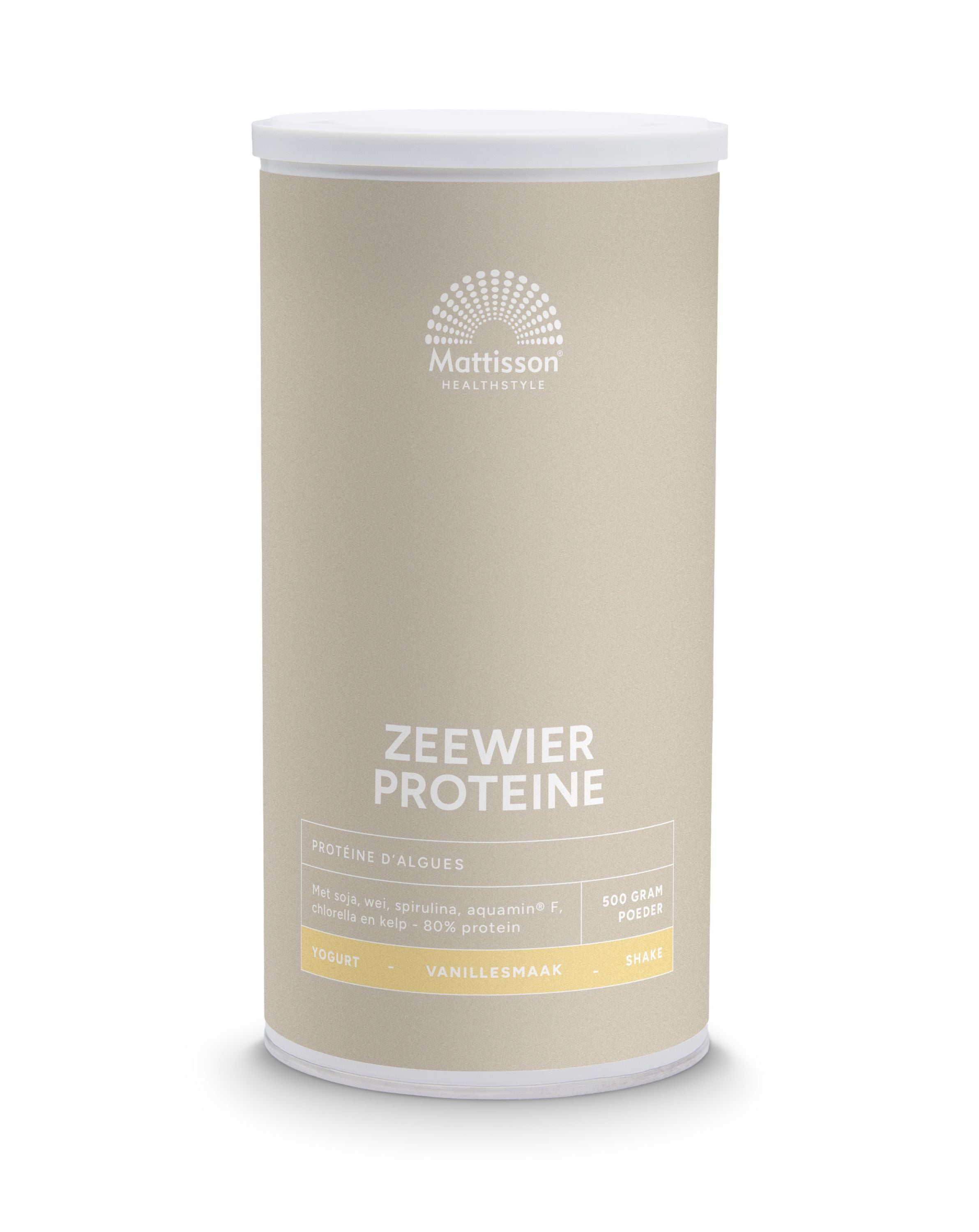 Mattisson Absolute Zeewier Eiwit Vanille amino acids supplement in 500g jar, natural vanilla flavor with plant-based protein.