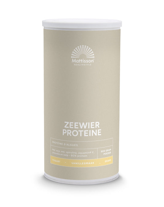 Mattisson Absolute Zeewier Eiwit Vanille amino acids supplement in 500g container, natural plant-based protein source.
