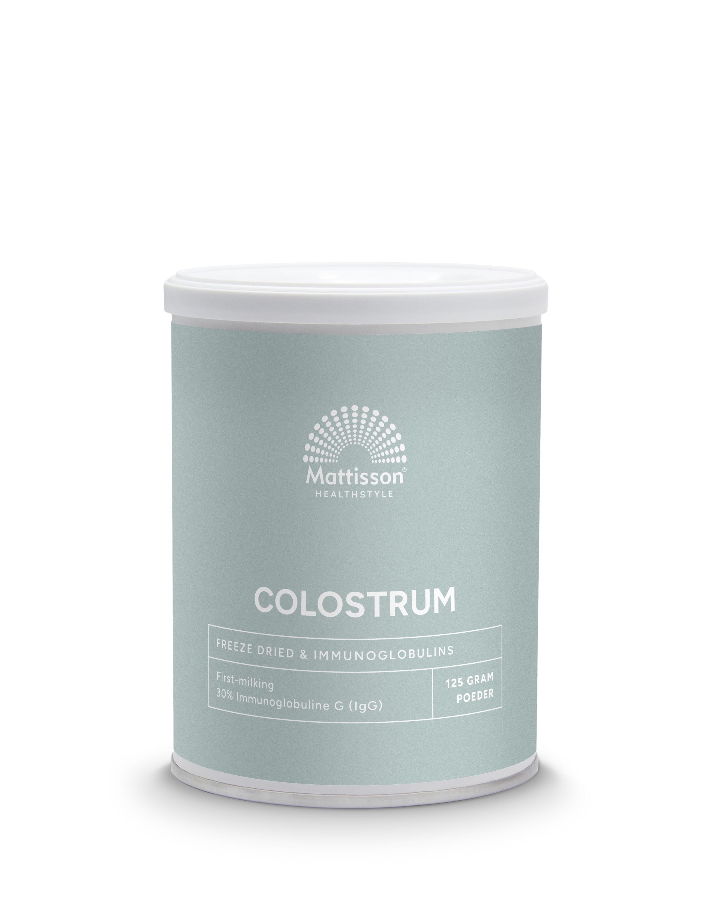 Mattisson Colostrum Powder 30% IgG in 125g package, amino acids supplement with high IgG content, natural and nutritious.