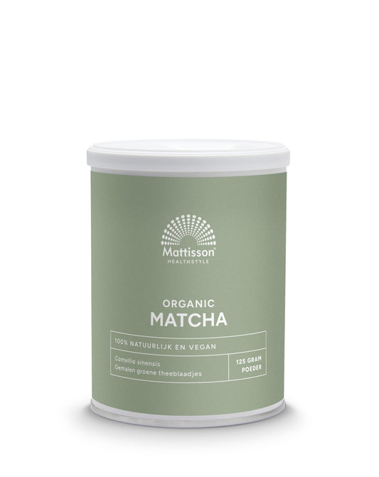 Organic Mattisson Matcha powder in a 125g package, vibrant green, highlighting premium raw superfood quality and fresh appearance.