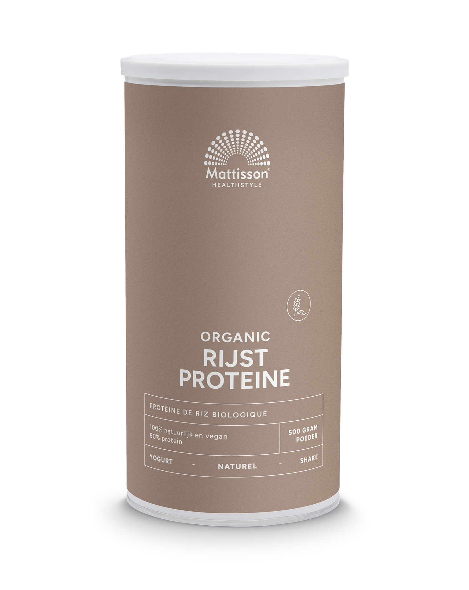 Vegan organic rice protein powder by Mattisson in a 500g package, natural and high in protein, part of herbal preparations.