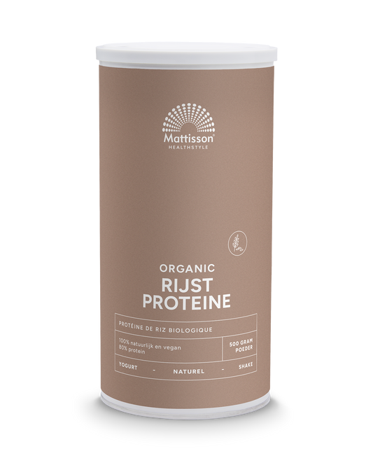 Vegan organic rice protein powder by Mattisson in a 500g package, natural and high in protein, part of herbal preparations.
