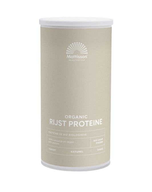 Mattisson vegan organic rice protein powder in 500g package, natural rice protein for plant-based nutrition.