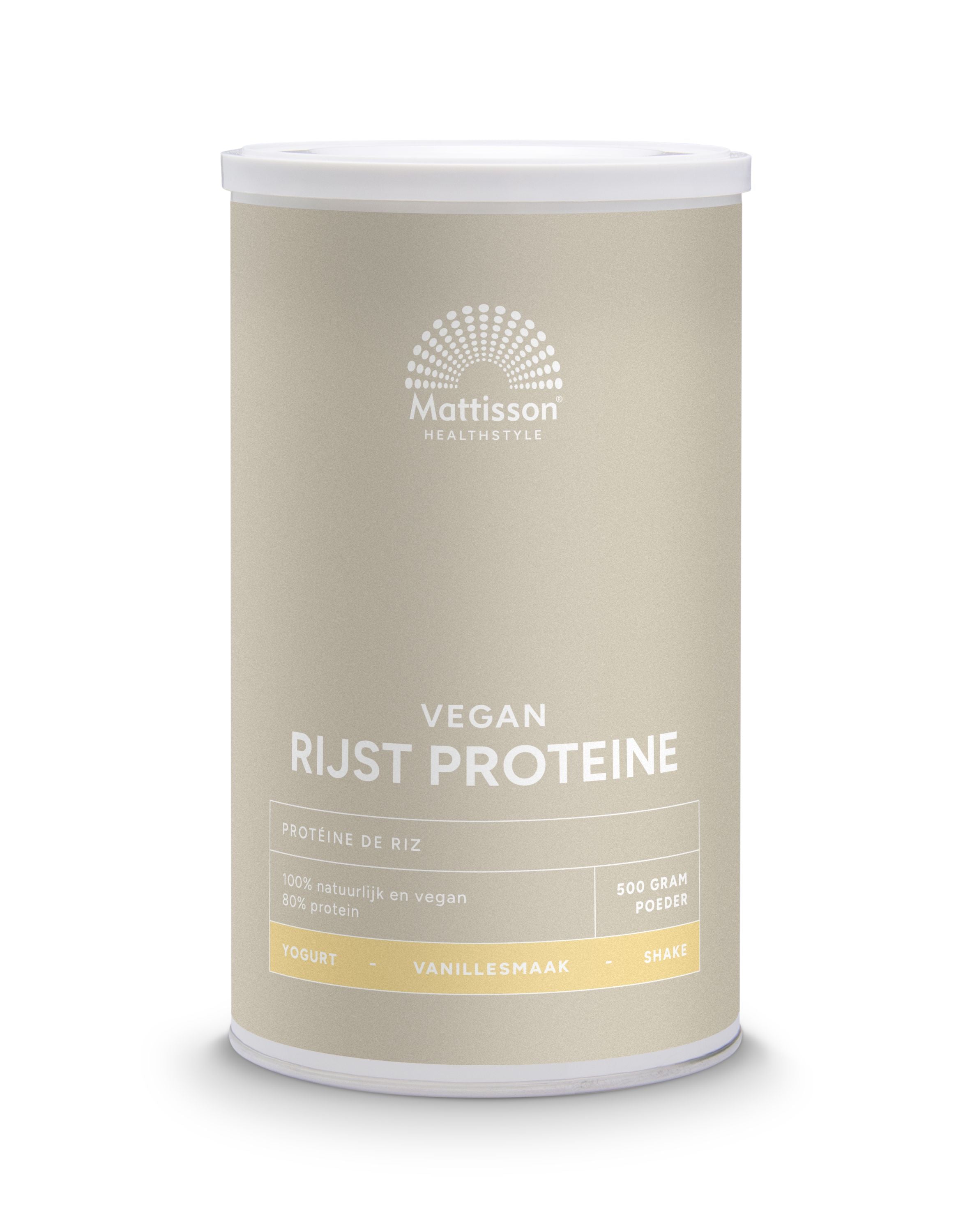 Vegan vanilla rice protein powder by Mattisson, 80% amino acids, 500g package, product image showing the container.