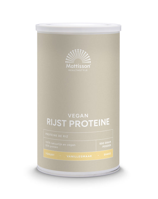 Vegan vanilla rice protein powder by Mattisson, 80% amino acids, 500g package, product image showing the container.